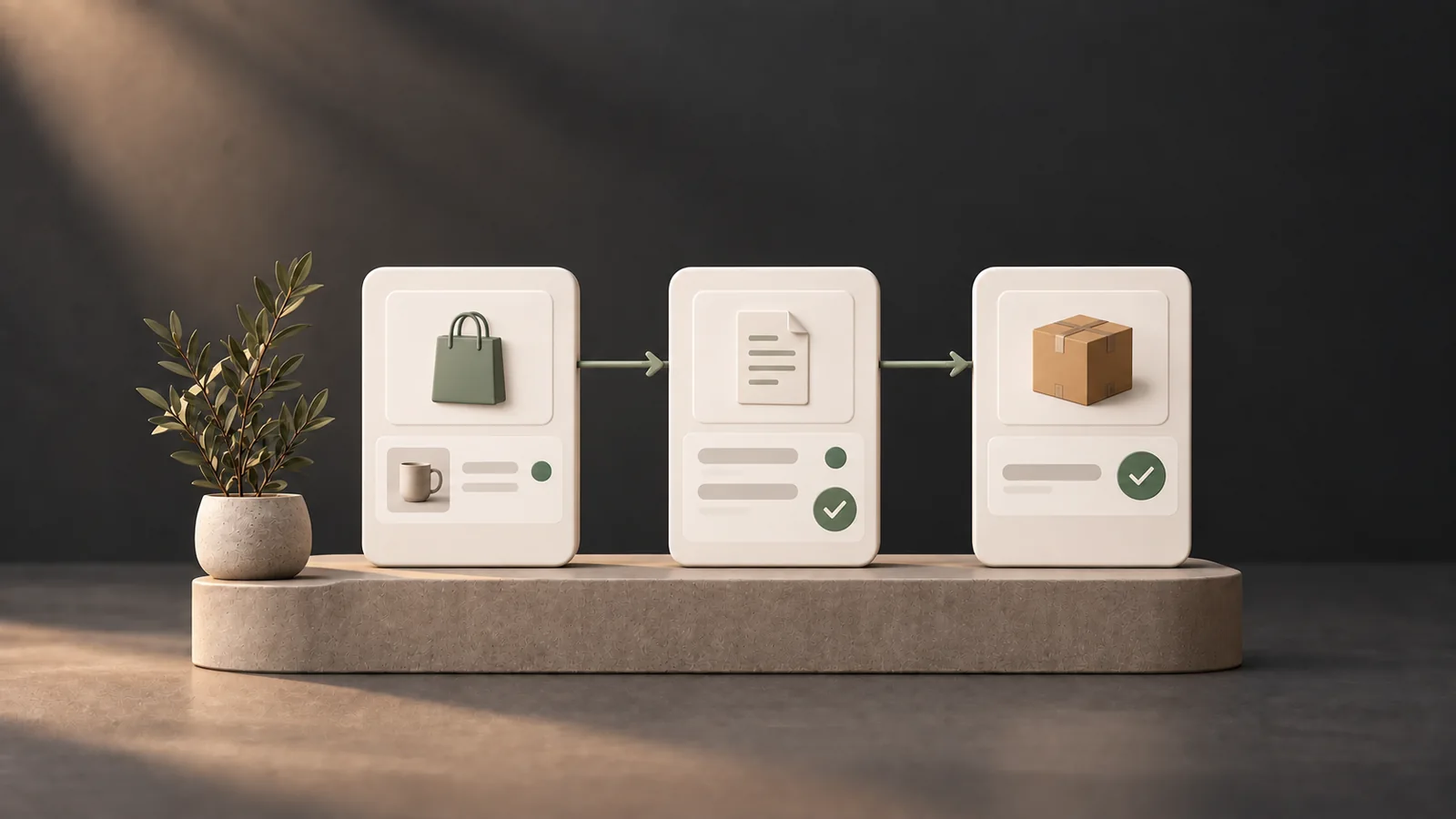 Illustration of three connected systems taking an order from purchase through recording to dispatch.