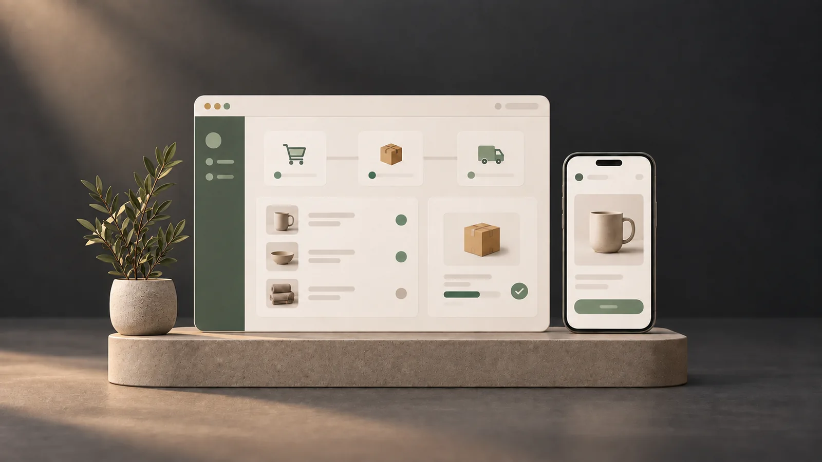 Illustration of a web and mobile application for managing orders, on a stone base beside a potted plant.