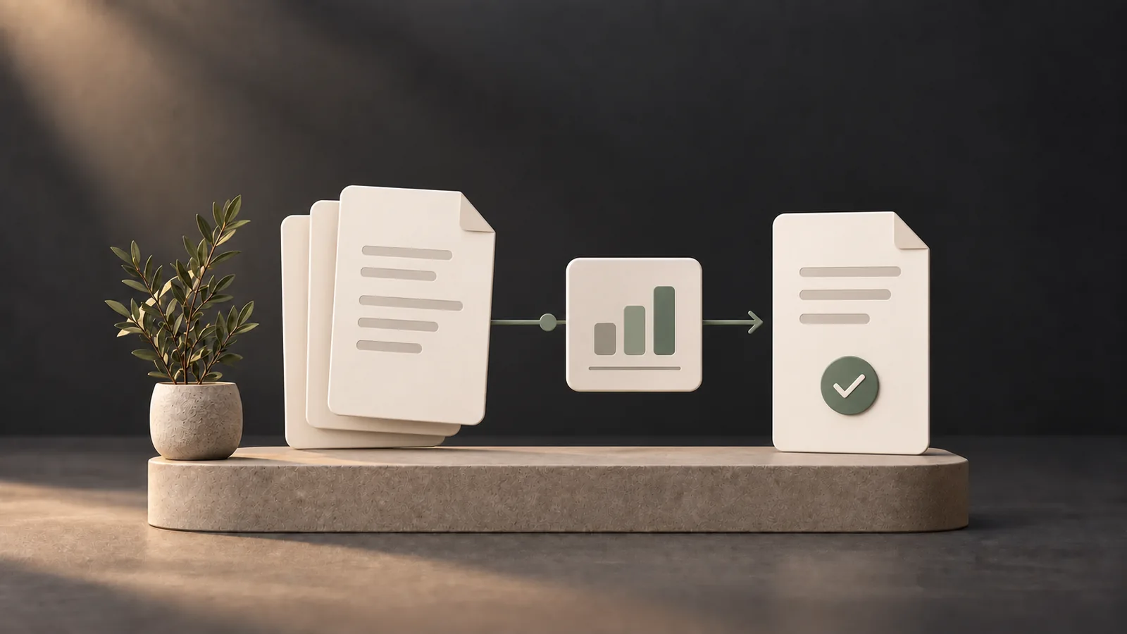 Illustration of documents processed by AI and a suggested response with an approval control.