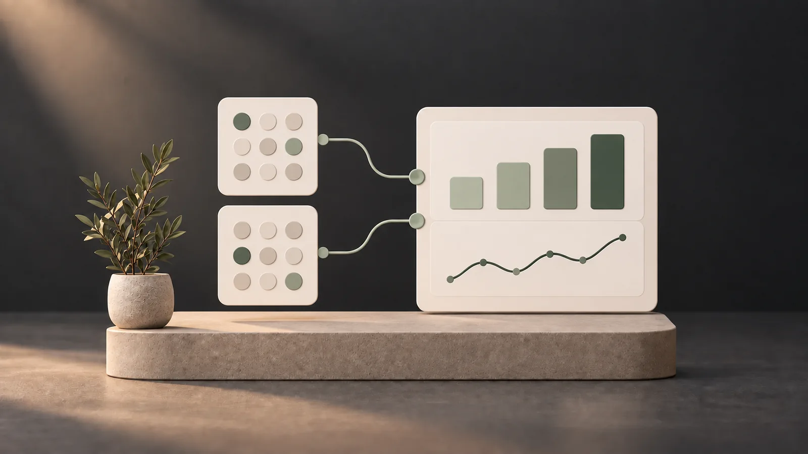Illustration of data sources connected to a reporting dashboard with charts.