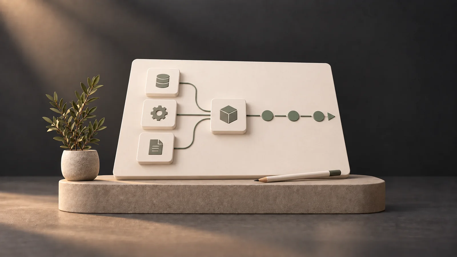 Illustration of a software architecture and planning board with modules and milestones.