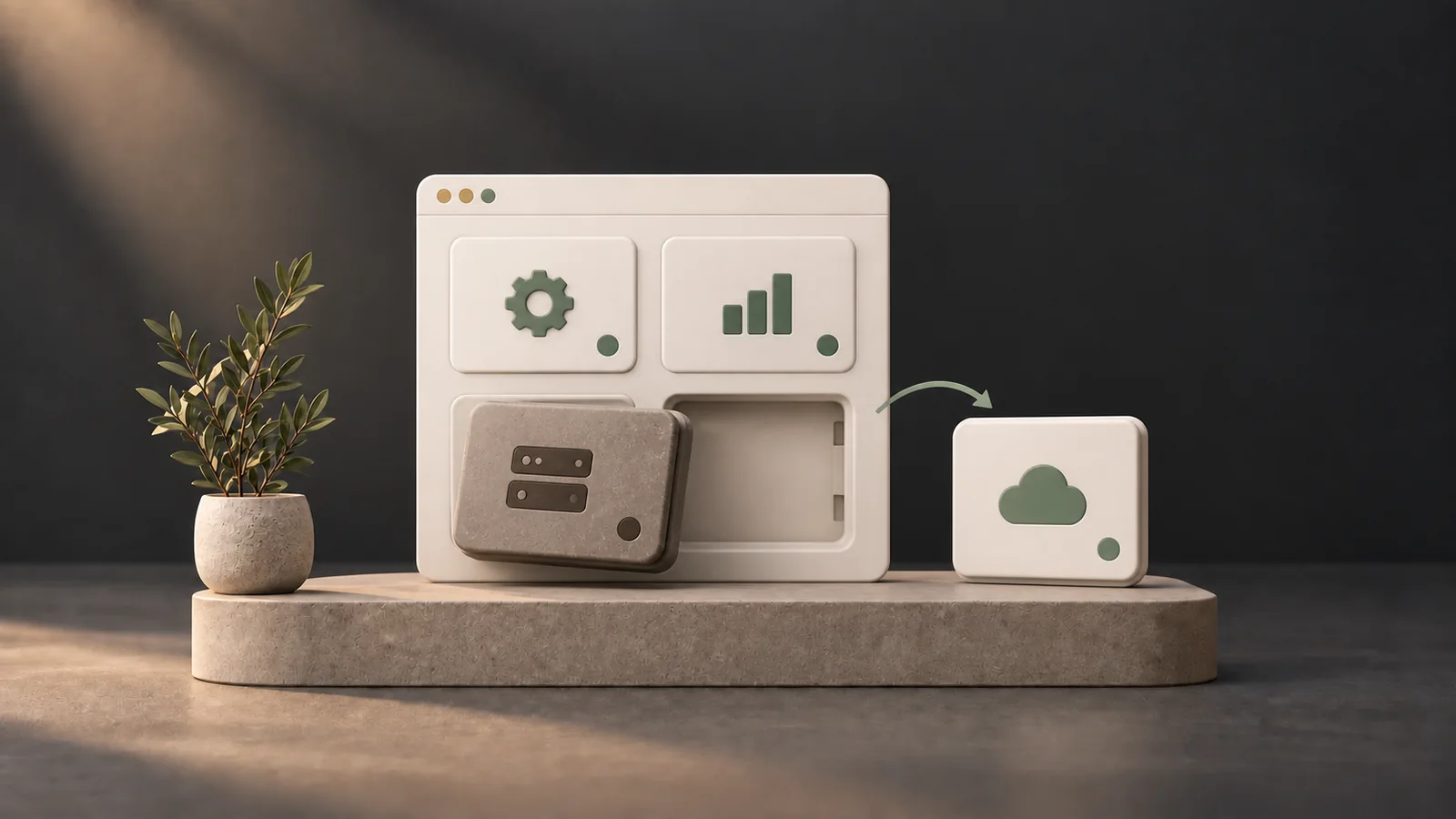 Illustration of a modular application with a component being replaced to modernize the system.