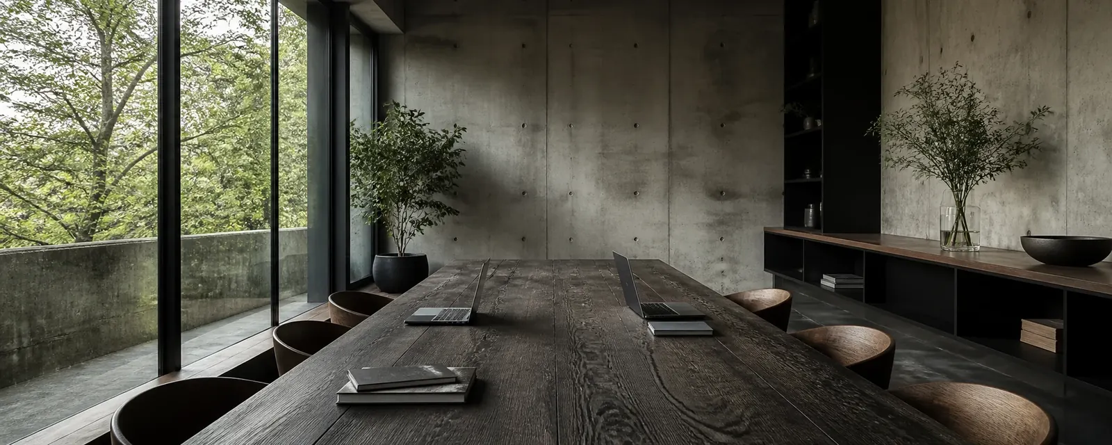 A quiet shared workspace with a long table and natural light